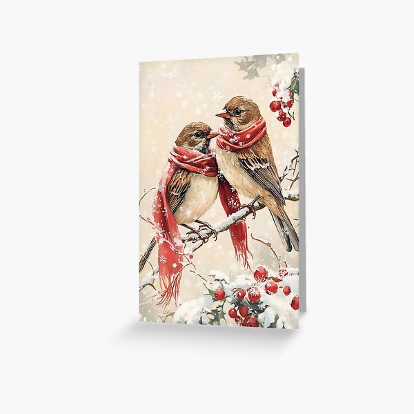 Item preview, Vintage Christmas Birds With Red Scarf Painting designed and sold by ArtHausPrint.