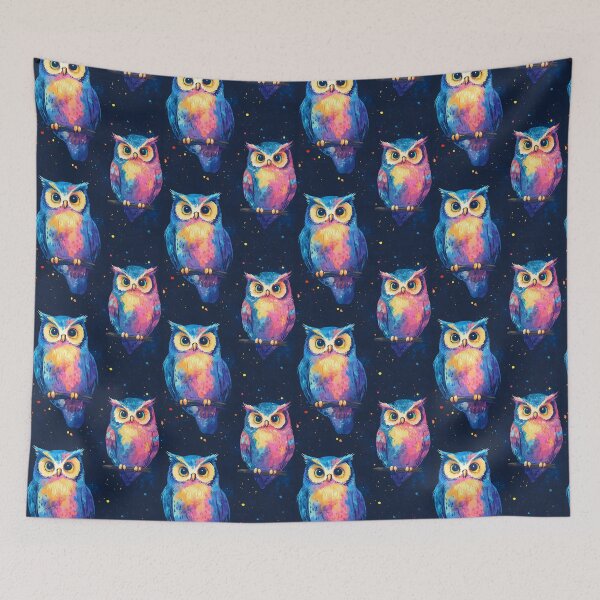 Item preview, A striking pattern featuring bright neon owls against a dark background designed and sold by Mariana Shymkovych.