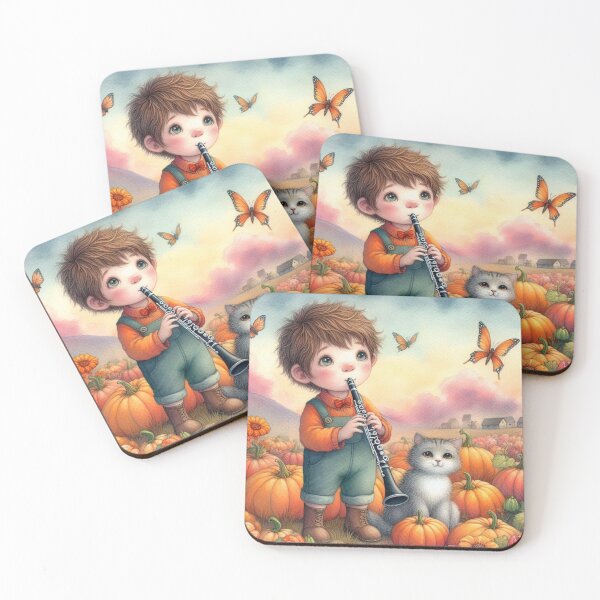 Item preview, Boy in Overalls Playing Clarinet with Grey Tabby Cat and Butterflies in Pumpkin Patch designed and sold by ElegantTeaTime.