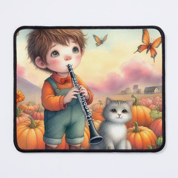 Item preview, Boy in Overalls Playing Clarinet with Grey Tabby Cat and Butterflies in Pumpkin Patch designed and sold by ElegantTeaTime.