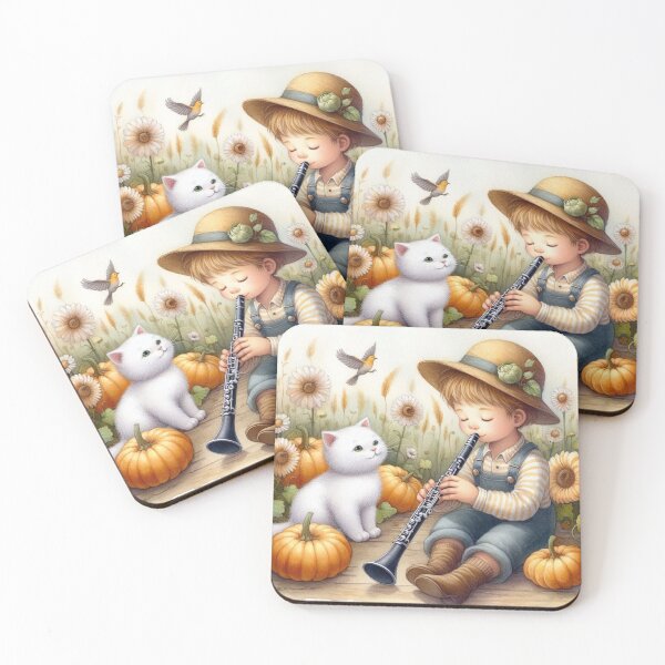 Item preview, Boy in Hat and Overalls Playing Clarinet with White Cat and Bird in Pumpkin Patch with Flowers designed and sold by ElegantTeaTime.