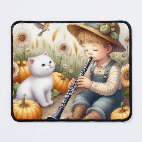 Item preview, Boy in Hat and Overalls Playing Clarinet with White Cat and Bird in Pumpkin Patch with Flowers designed and sold by ElegantTeaTime.