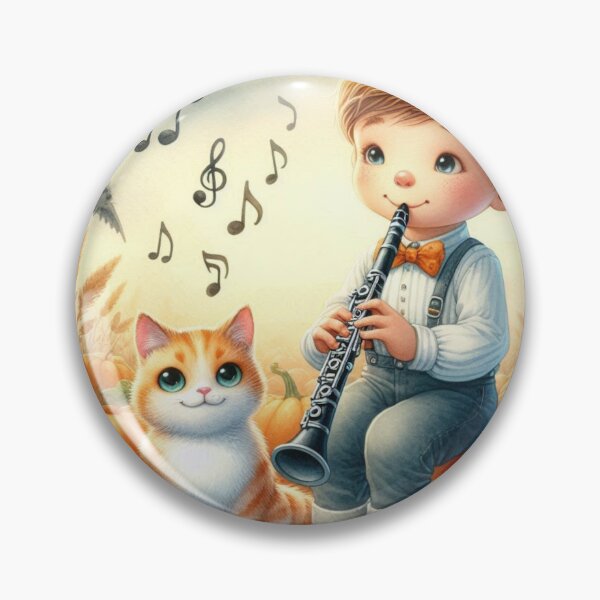 Item preview, Boy in Overalls Playing Clarinet with Orange Tabby Cat and Bat in Pumpkin Patch designed and sold by ElegantTeaTime.