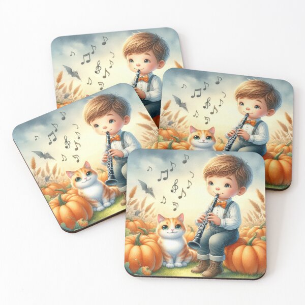 Item preview, Boy in Overalls Playing Clarinet with Orange Tabby Cat and Bat in Pumpkin Patch designed and sold by ElegantTeaTime.