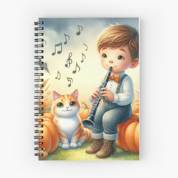 Item preview, Boy in Overalls Playing Clarinet with Orange Tabby Cat and Bat in Pumpkin Patch designed and sold by ElegantTeaTime.