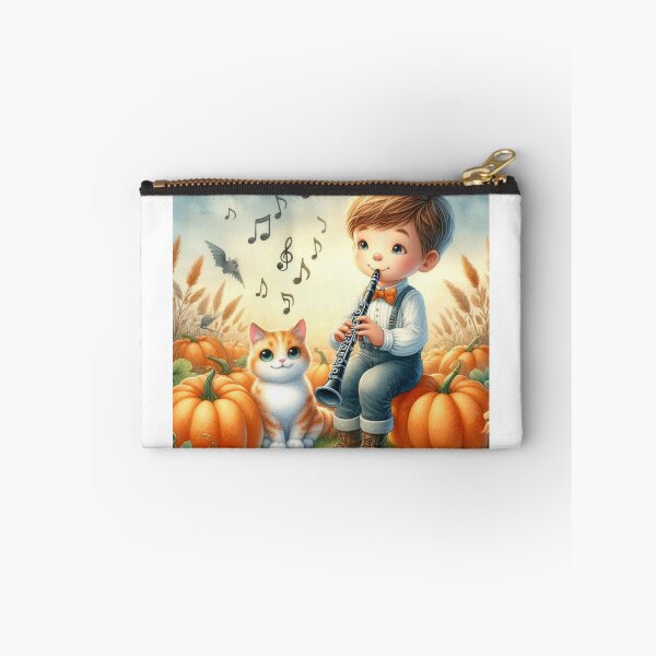 Item preview, Boy in Overalls Playing Clarinet with Orange Tabby Cat and Bat in Pumpkin Patch designed and sold by ElegantTeaTime.