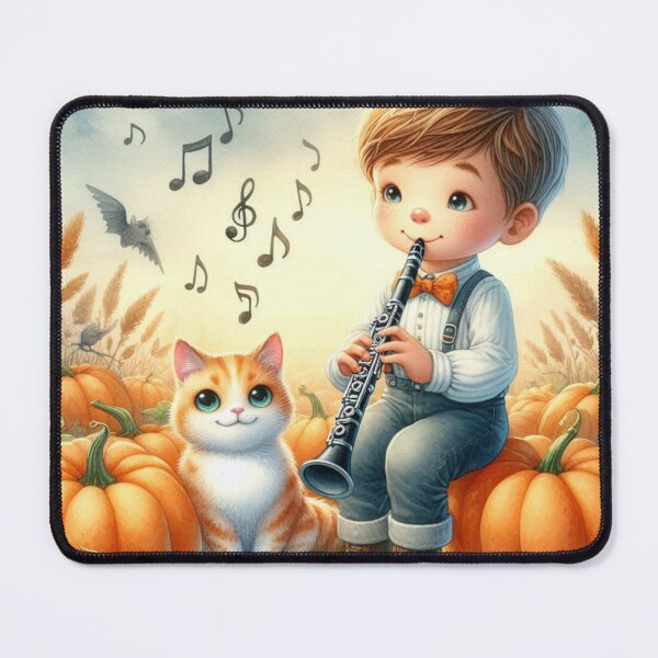 Item preview, Boy in Overalls Playing Clarinet with Orange Tabby Cat and Bat in Pumpkin Patch designed and sold by ElegantTeaTime.