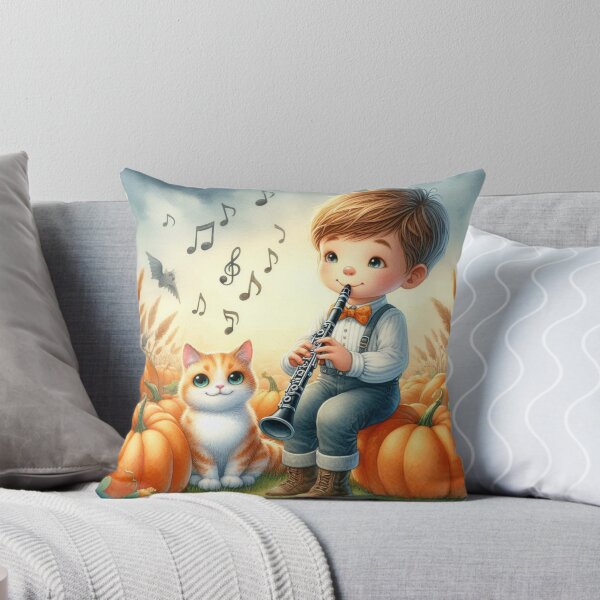 Item preview, Boy in Overalls Playing Clarinet with Orange Tabby Cat and Bat in Pumpkin Patch designed and sold by ElegantTeaTime.