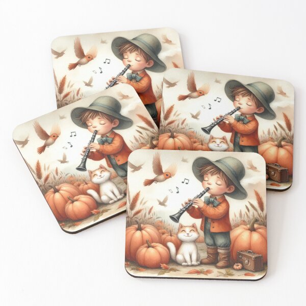 Item preview, Boy in Travel Attire and Suit Jacket Playing Clarinet with Orange Tabby Cat and Birds in Pumpkin Patch designed and sold by ElegantTeaTime.