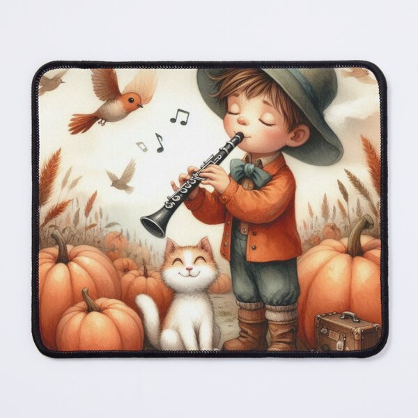 Item preview, Boy in Travel Attire and Suit Jacket Playing Clarinet with Orange Tabby Cat and Birds in Pumpkin Patch designed and sold by ElegantTeaTime.