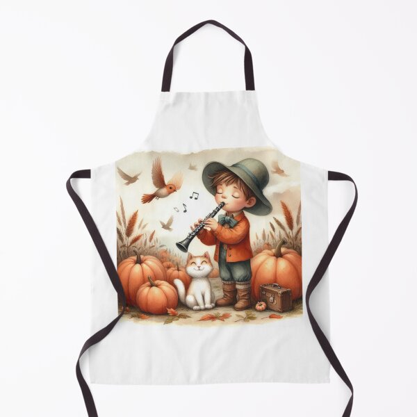 Item preview, Boy in Travel Attire and Suit Jacket Playing Clarinet with Orange Tabby Cat and Birds in Pumpkin Patch designed and sold by ElegantTeaTime.