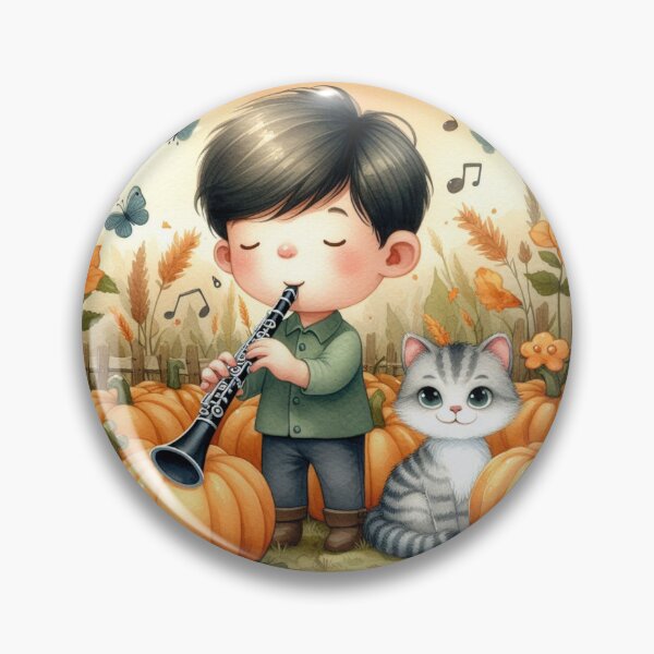 Item preview, Boy Playing Clarinet with Grey Tabby Cat and Butterflies in Pumpkin Patch designed and sold by ElegantTeaTime.