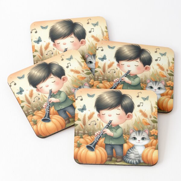 Item preview, Boy Playing Clarinet with Grey Tabby Cat and Butterflies in Pumpkin Patch designed and sold by ElegantTeaTime.
