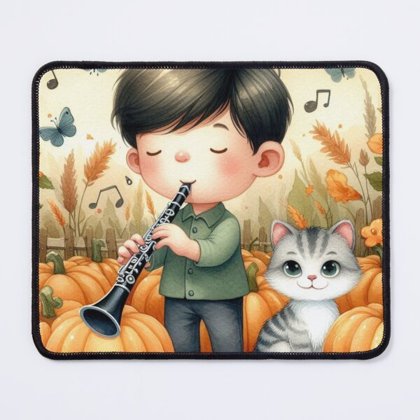 Item preview, Boy Playing Clarinet with Grey Tabby Cat and Butterflies in Pumpkin Patch designed and sold by ElegantTeaTime.