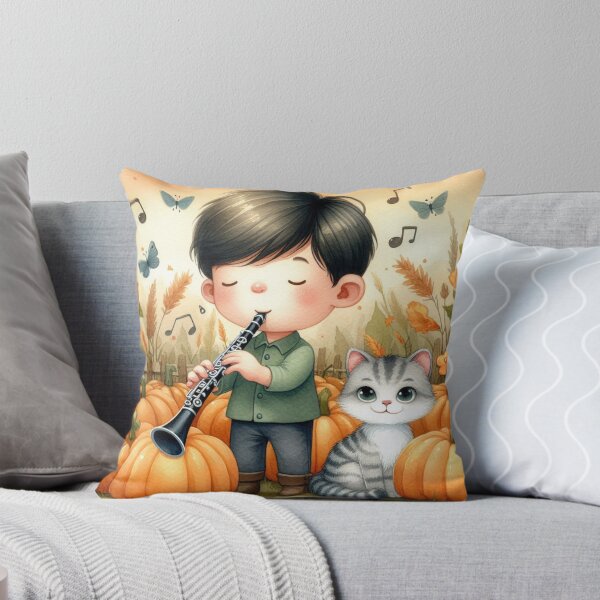 Item preview, Boy Playing Clarinet with Grey Tabby Cat and Butterflies in Pumpkin Patch designed and sold by ElegantTeaTime.