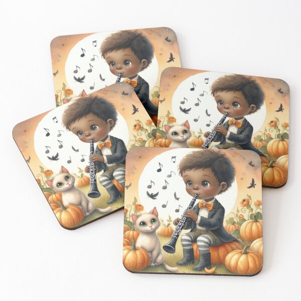 Item preview, Boy with Bowtie and Suit Jacket Playing Clarinet with Cat and Birds in Pumpkin Patch in Moonlight designed and sold by ElegantTeaTime.