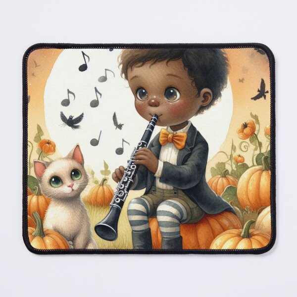 Item preview, Boy with Bowtie and Suit Jacket Playing Clarinet with Cat and Birds in Pumpkin Patch in Moonlight designed and sold by ElegantTeaTime.