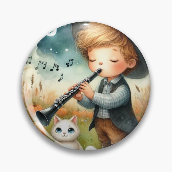 Item preview, Boy in Hat Playing Clarinet with White Cat in Pumpkin Patch under the Moon designed and sold by ElegantTeaTime.