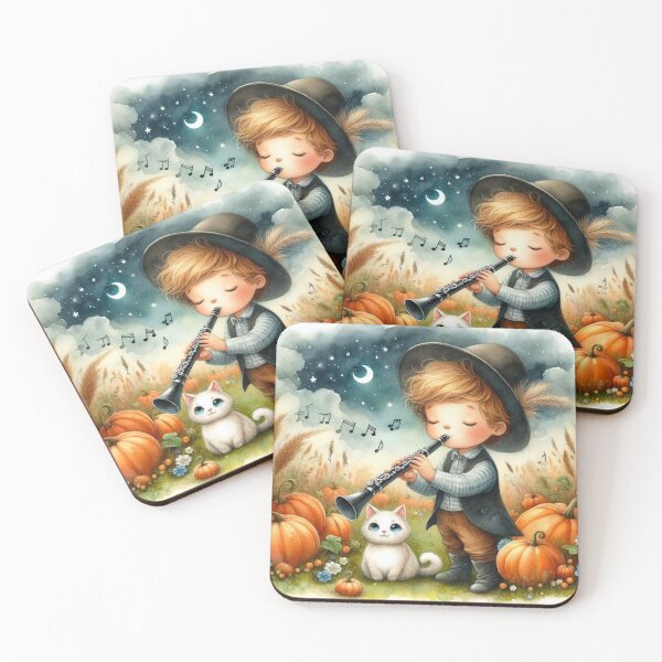 Item preview, Boy in Hat Playing Clarinet with White Cat in Pumpkin Patch under the Moon designed and sold by ElegantTeaTime.