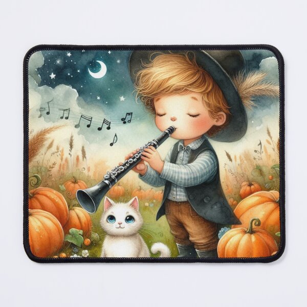 Item preview, Boy in Hat Playing Clarinet with White Cat in Pumpkin Patch under the Moon designed and sold by ElegantTeaTime.