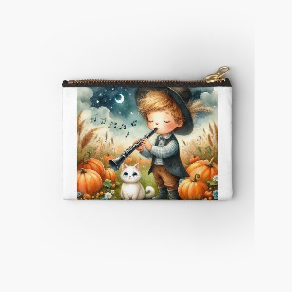 Item preview, Boy in Hat Playing Clarinet with White Cat in Pumpkin Patch under the Moon designed and sold by ElegantTeaTime.