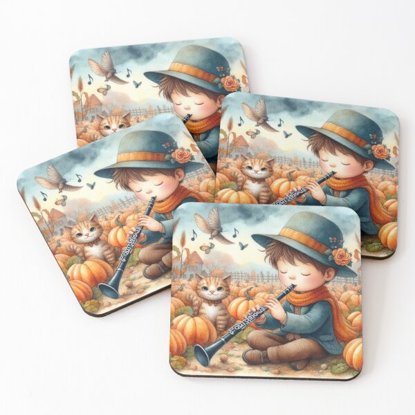 Item preview, Boy in Hat and Scarf Playing Clarinet with Orange Tabby Cat in Pumpkin Patch designed and sold by ElegantTeaTime.