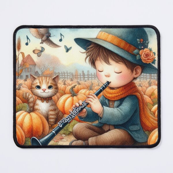 Item preview, Boy in Hat and Scarf Playing Clarinet with Orange Tabby Cat in Pumpkin Patch designed and sold by ElegantTeaTime.