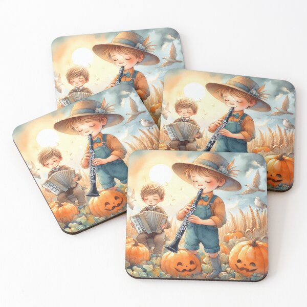 Item preview, Boys Playing Clarinet and Accordion in Pumpkin Patch with Birds and Jack-O-Lanterns designed and sold by ElegantTeaTime.