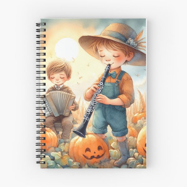 Item preview, Boys Playing Clarinet and Accordion in Pumpkin Patch with Birds and Jack-O-Lanterns designed and sold by ElegantTeaTime.