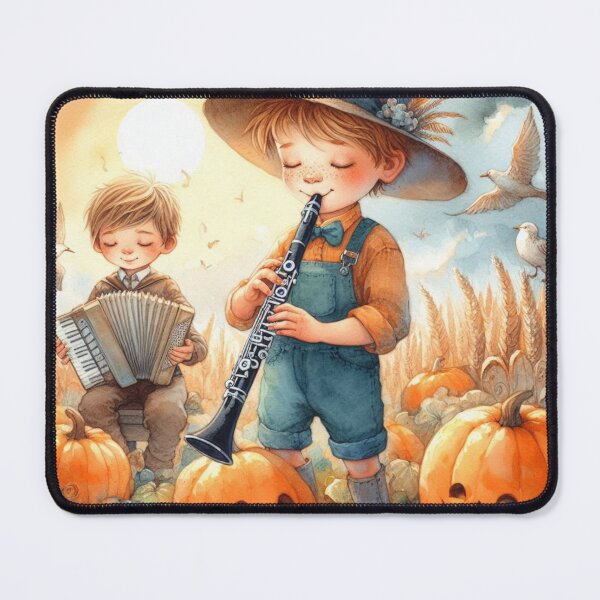 Item preview, Boys Playing Clarinet and Accordion in Pumpkin Patch with Birds and Jack-O-Lanterns designed and sold by ElegantTeaTime.