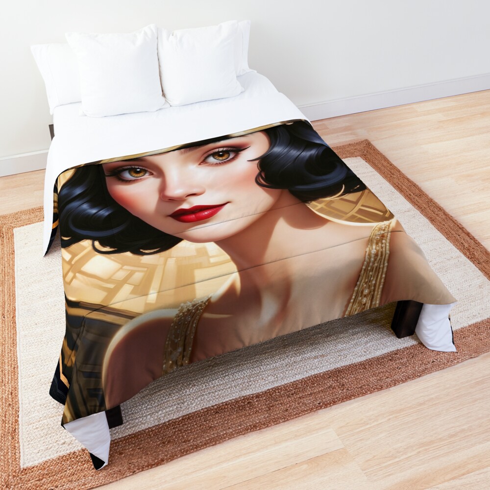 Elegant Art Deco Portrait of a Glamorous Woman in Gold Fascinating AI Concept Art by Xzendor7 Decorative Art Print Comforter