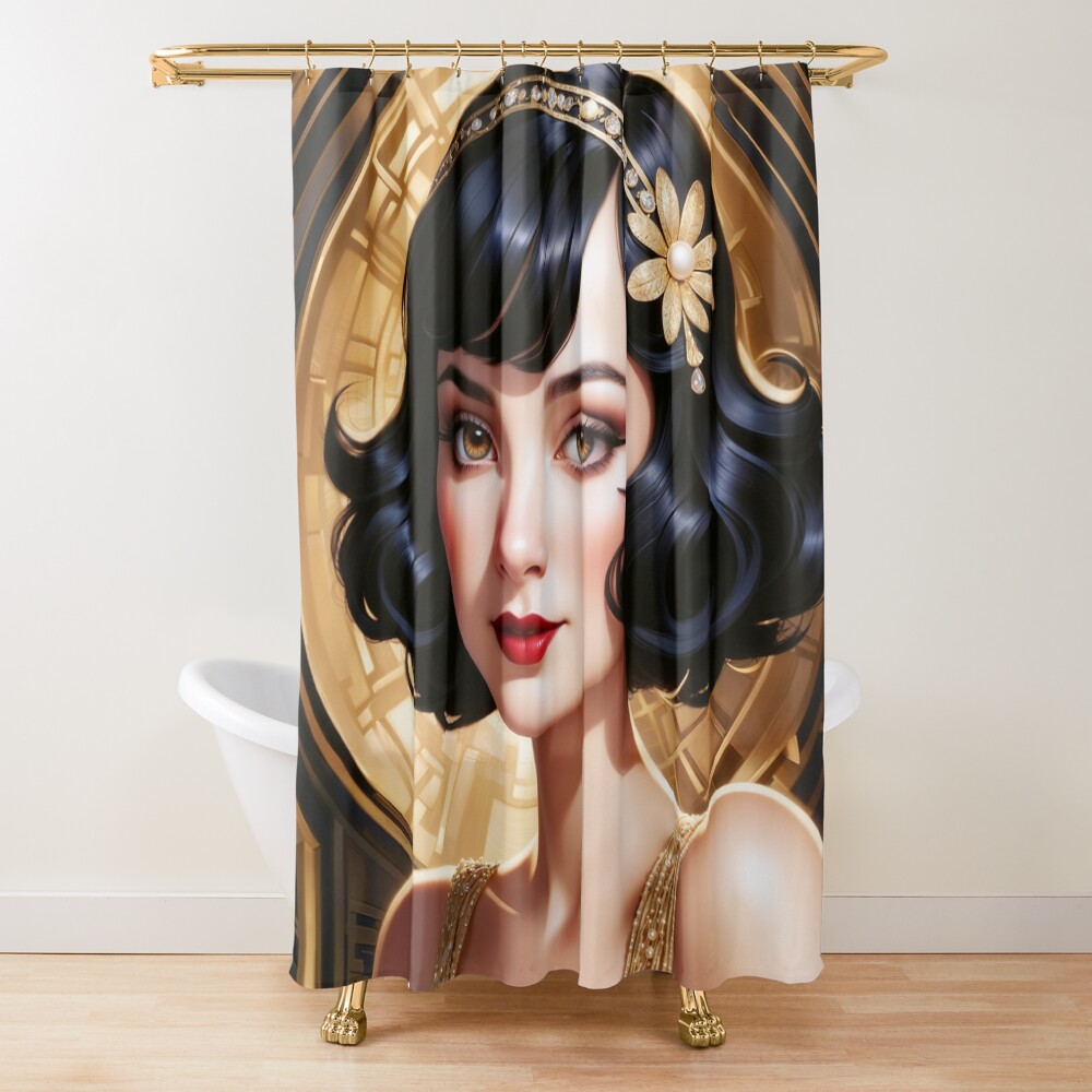 Elegant Art Deco Portrait of a Glamorous Woman in Gold Fascinating AI Concept Art by Xzendor7 Decorative Art Print Shower Curtain