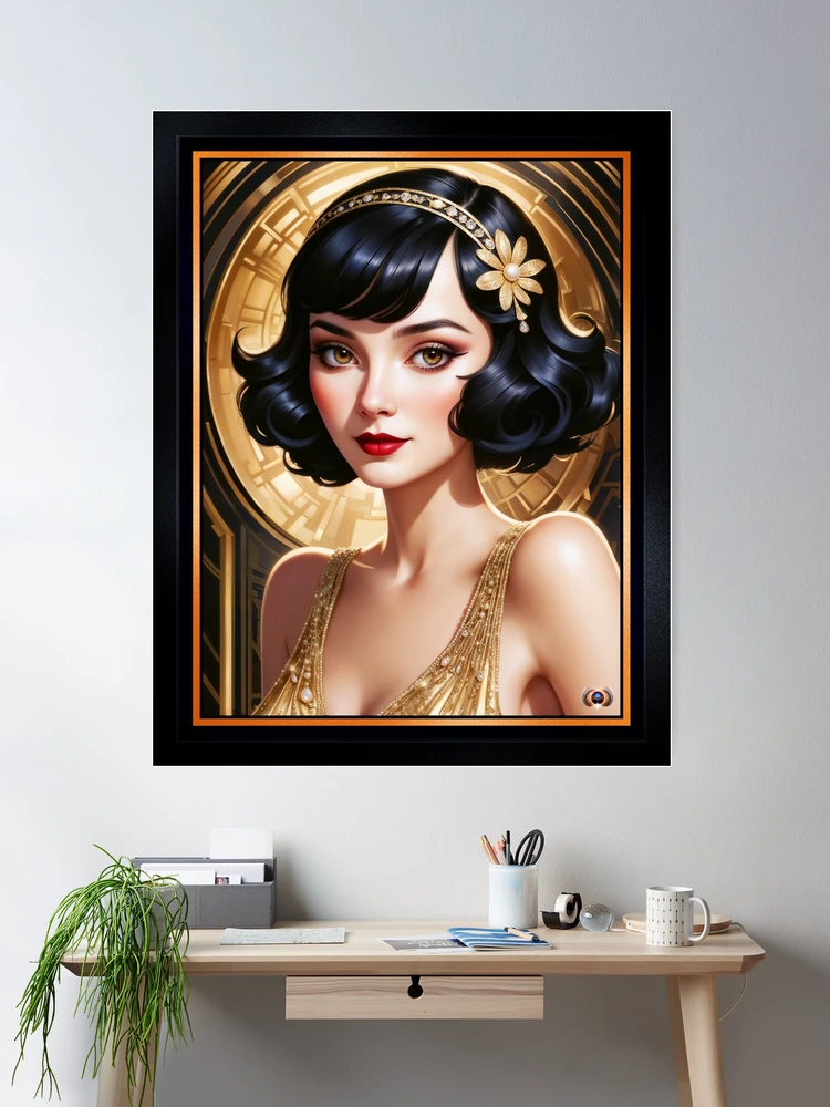 Elegant Art Deco Portrait of a Glamorous Woman in Gold Fascinating AI Concept Art by Xzendor7 Wall Decor Poster Art Print