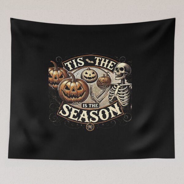 Item preview, Vintage Halloween "Tis the Season" Skeleton and Pumpkin Design - Spooky Jack-O'-Lantern Graphic with Swirling Effects designed and sold by Sun Sand & Sea Art.