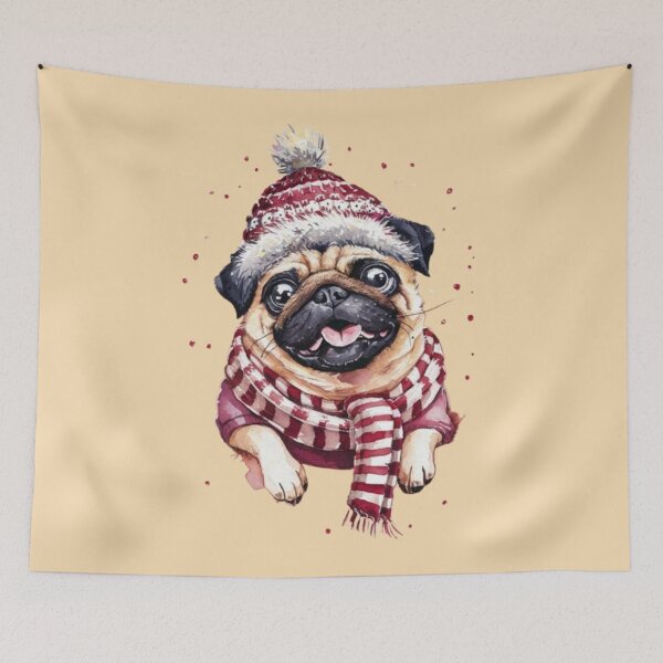 Item preview, Pug Dog with a festive knit hat and a cozy scarf designed and sold by 123ks.