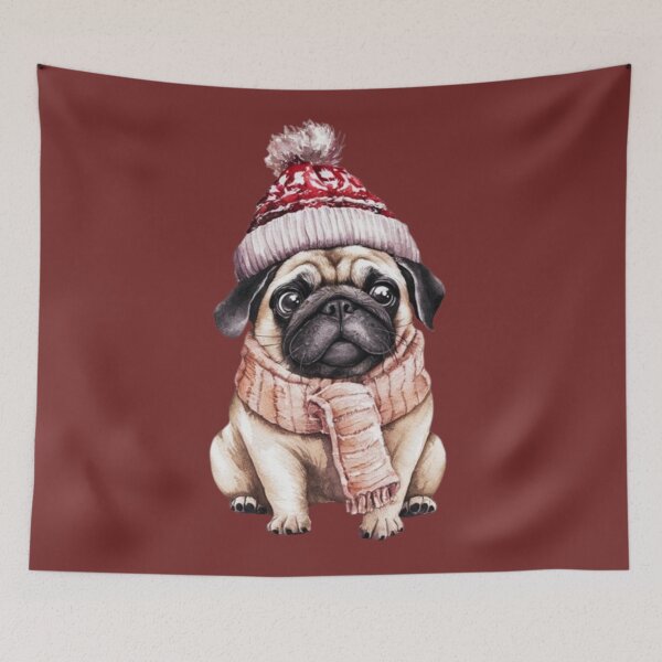 Item preview, Pug with a festive knit hat and a cozy scarf designed and sold by 123ks.
