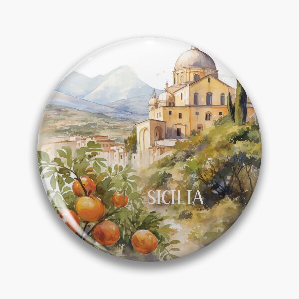 Item preview, Sicilia landscape watercolor with mandarin tangerine designed and sold by EmeraldeaArt.
