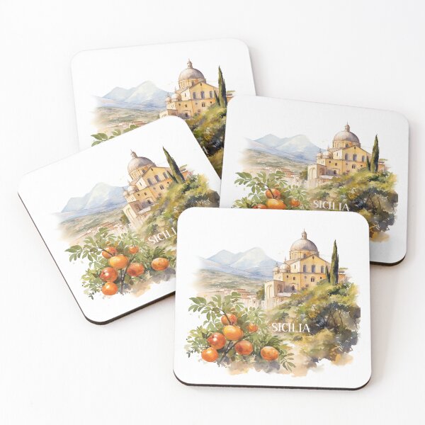 Item preview, Sicilia landscape watercolor with mandarin tangerine designed and sold by EmeraldeaArt.