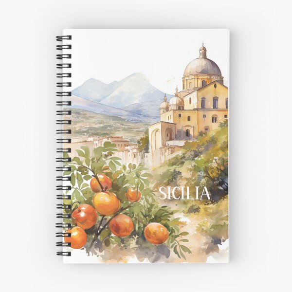 Item preview, Sicilia landscape watercolor with mandarin tangerine designed and sold by EmeraldeaArt.