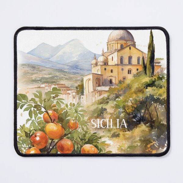 Item preview, Sicilia landscape watercolor with mandarin tangerine designed and sold by EmeraldeaArt.
