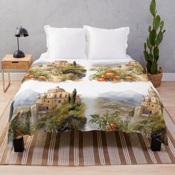 Item preview, Sicilia landscape watercolor with mandarin tangerine designed and sold by EmeraldeaArt.