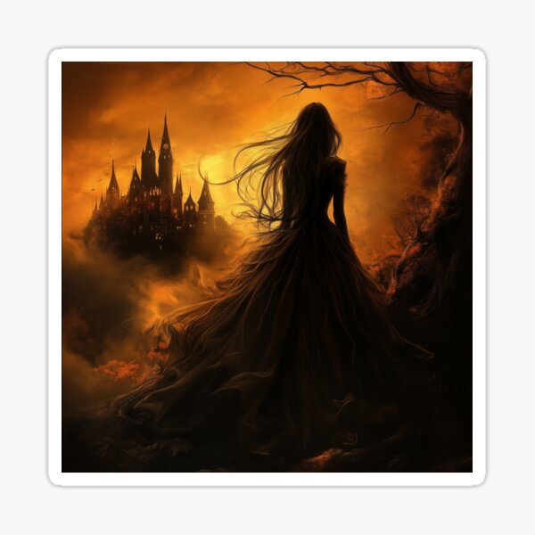 Gothic Castle Art – Mysterious Silhouette of Woman at Dusk Sticker