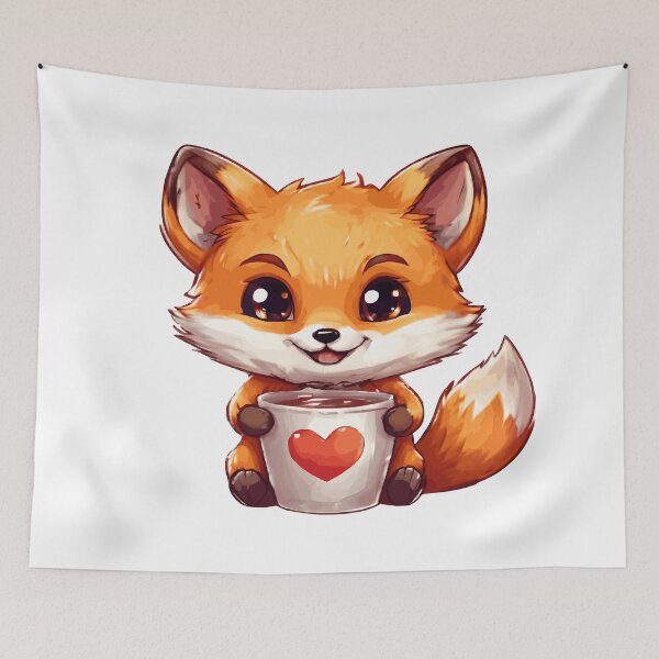 Item preview, Cute Fox in kawaii chibi style drinking coffee designed and sold by AdrianMDesigns.