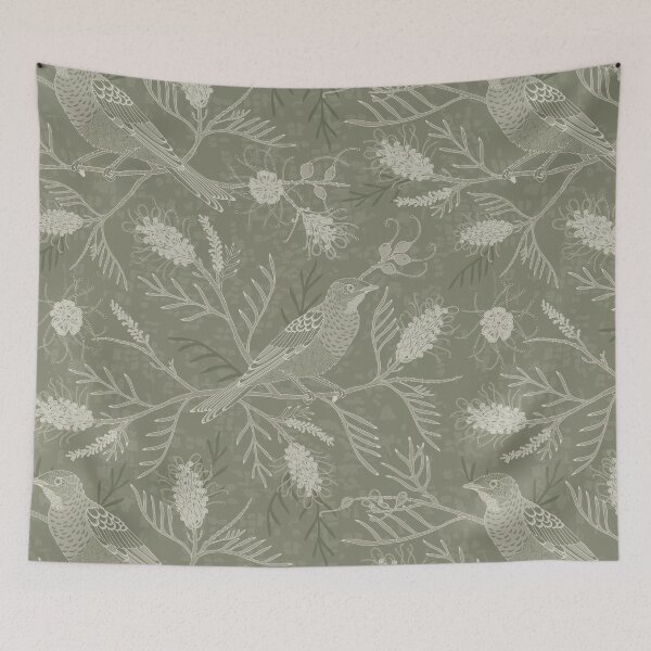 Item preview, Birds in Grevillea - Olive designed and sold by Olivia Munroe.
