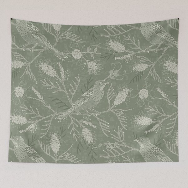 Item preview, Birds in Grevillea - bean designed and sold by Olivia Munroe.
