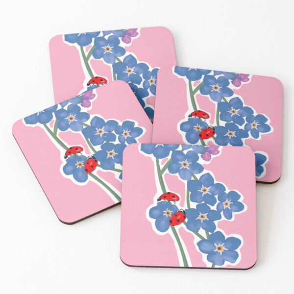 Item preview, Forget me not with two lady bugs pink background  designed and sold by HawaiiSofia.