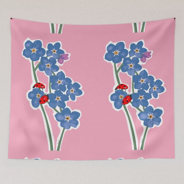 Item preview, Forget me not with two lady bugs pink background  designed and sold by HawaiiSofia.