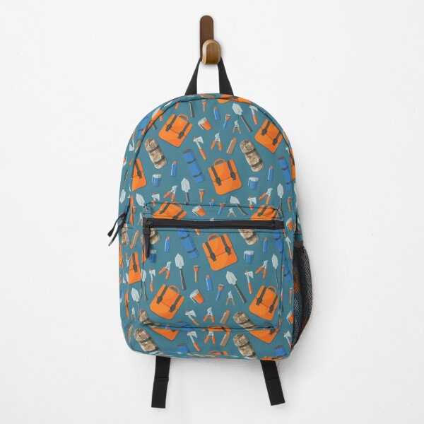 Item preview, Seamless flat lay of tourist items: backpack, axe, torch, sleeping bag, tools etc designed and sold by Familyshmot.