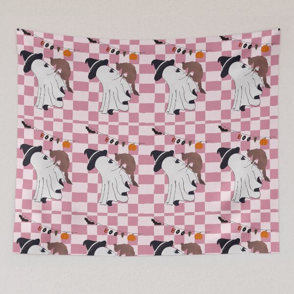 Item preview, Boo Halloween with cat and bat pink and blush background designed and sold by HawaiiSofia.