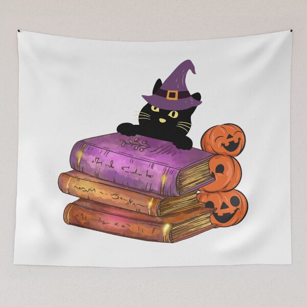 Item preview, Cute Halloween Black Cat With a Pile of Books and Pumpkins designed and sold by Cat Stories.